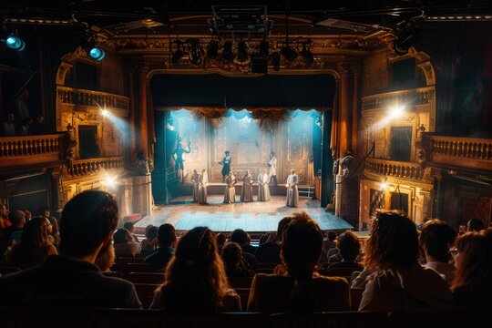 The theater is alive with excitement as actors in detailed costumes engage the captivated audience during a live performance at night. Generative AI