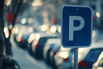 Blue zone city street parking sign with many cars in background, urban car park space and traffic transportation concept.