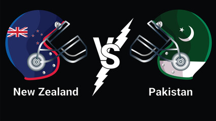 New Zealand vs Pakistan 3d illustration vector flags over cricket helmet for versus match with black background