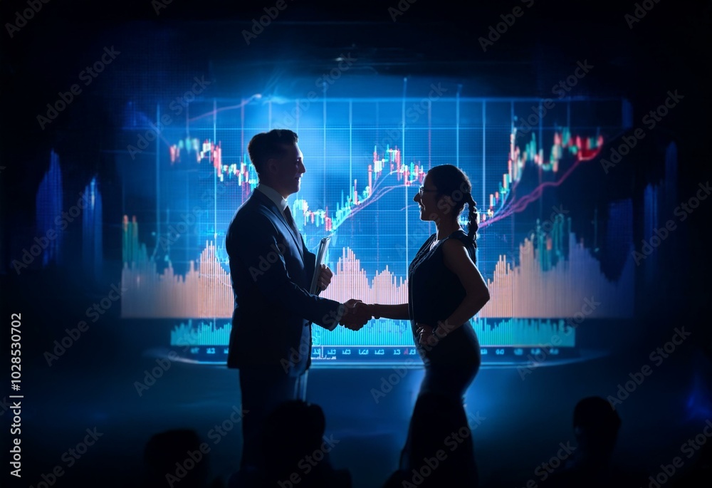 Aufkleber Two people in silhouettes shake hands in front of a large screen displaying a stock market graph.