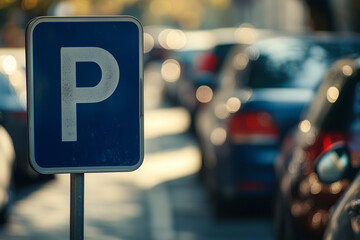 Blue zone city street parking sign with many cars in background, urban car park space and traffic transportation concept.