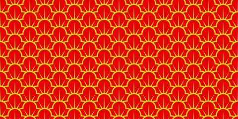 Geometric Asian line art seamless pattern with oriental traditional shapes flowers ornament, waves. Red and gold Japanese print for lunar chinese new year decoration. Luxury retro vector illustration