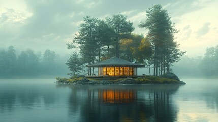 Fototapeta premium Serene Isolation with Tranquil Lake and Scenic Cabin