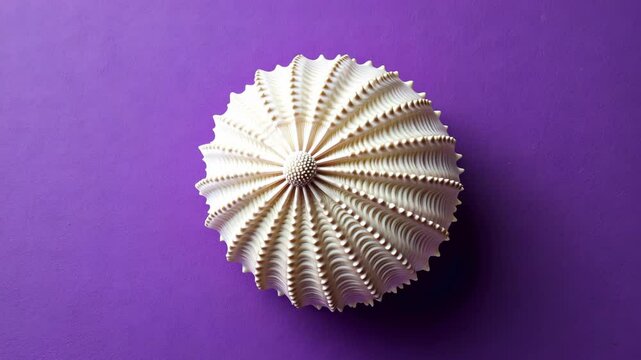 A white, spiraled seashell sits on a purple background