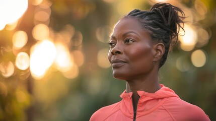 Portrait of a middle-aged African American woman running in the park, wearing sporty gear.