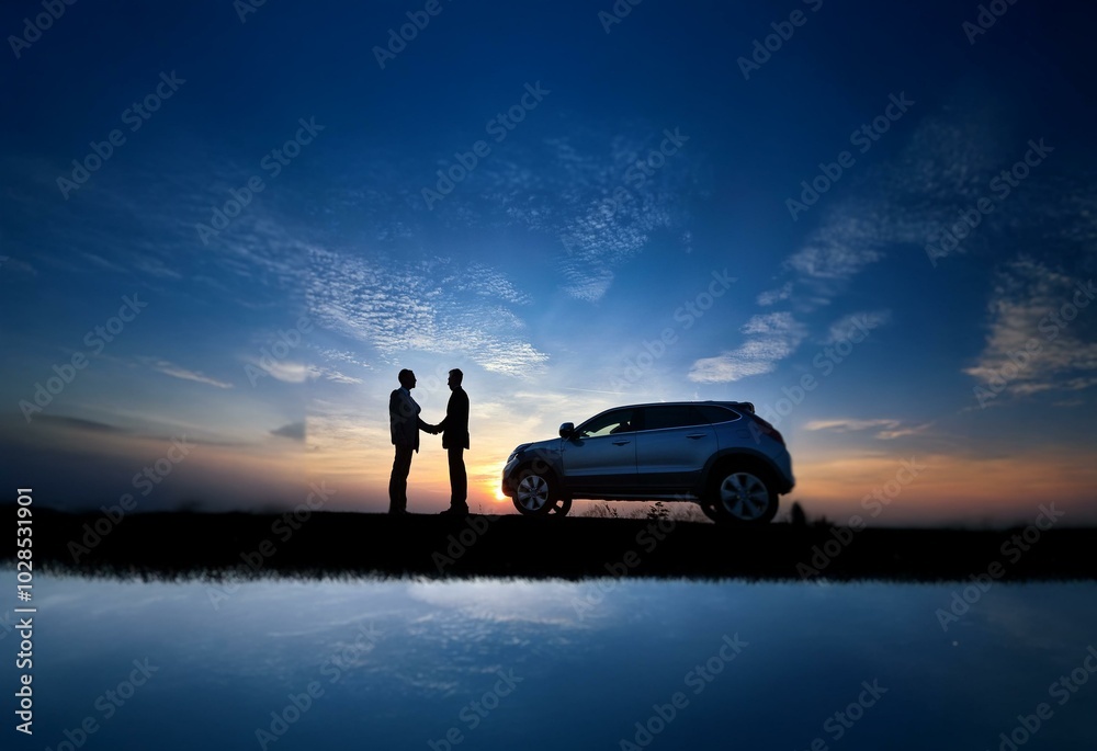 Aufkleber two people in silhouette shake hands in front of a car at sunset. the car's reflection is visible in