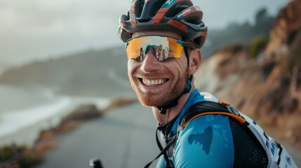 Fitness enthusiast cycling on a peaceful beach road, the seashore stretching out.