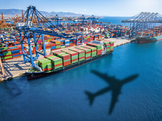 Conceptual aerial top view of a cargo plane shadow flying above container freight port with docked...