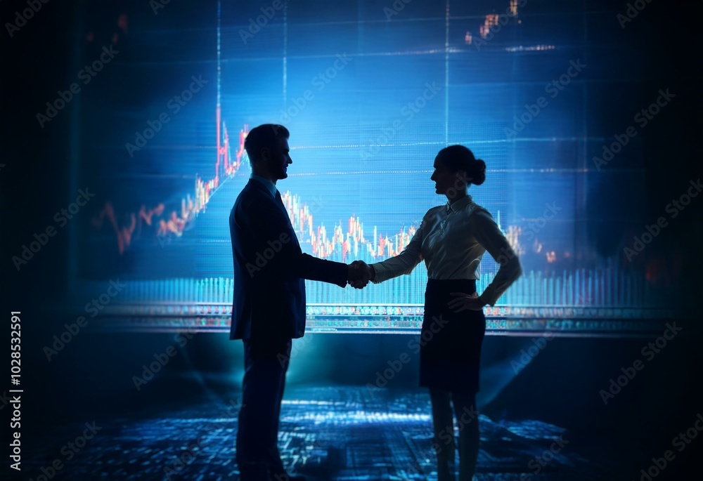 Aufkleber silhouettes of a man and a woman shaking hands in front of a large screen displaying a stock market 