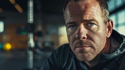 Obraz premium Horizontal view of a male gym coach, aged 40, posing for a portrait in a fitness setting.