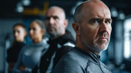 Fototapeta premium Gym coach in his 40s standing tall in a fitness center, ready to inspire others.