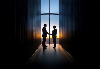 Fototapeta premium Two silhouettes of a man and a woman shaking hands, standing in a doorway with a sunset behind them.