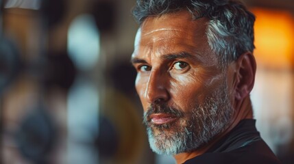 Fototapeta premium Horizontal portrait of a gym coach aged 40, posing in front of workout equipment.
