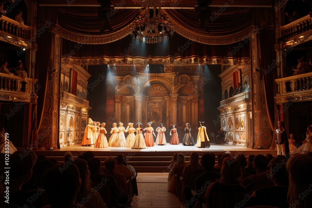 Poster an audience captivated by a theatrical performance featuring actors in vibrant costumes illuminated 