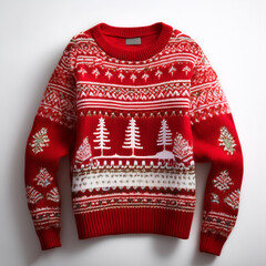Red knitted Christmas ornated sweater, isolated on white background