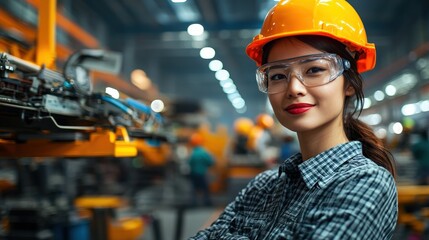 Confident Woman in Hardhat at Industrial Workplace