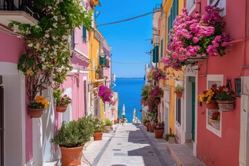 Charming street lined with vividly colored houses showcasing vibrant facades in a picturesque neighborhood.