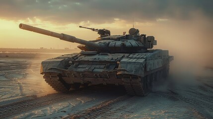 A military tank traversing a dusty landscape during sunset, showcasing strength and power.