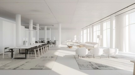 A modern office layout showcasing multiple workstations with sleek white tables and gray upholstered booth seating, designed for a contemporary and efficient work environment
