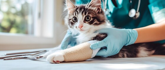 A veterinarian treating a cat with a bandaged paw, showcasing compassion and care for pet health and recovery.