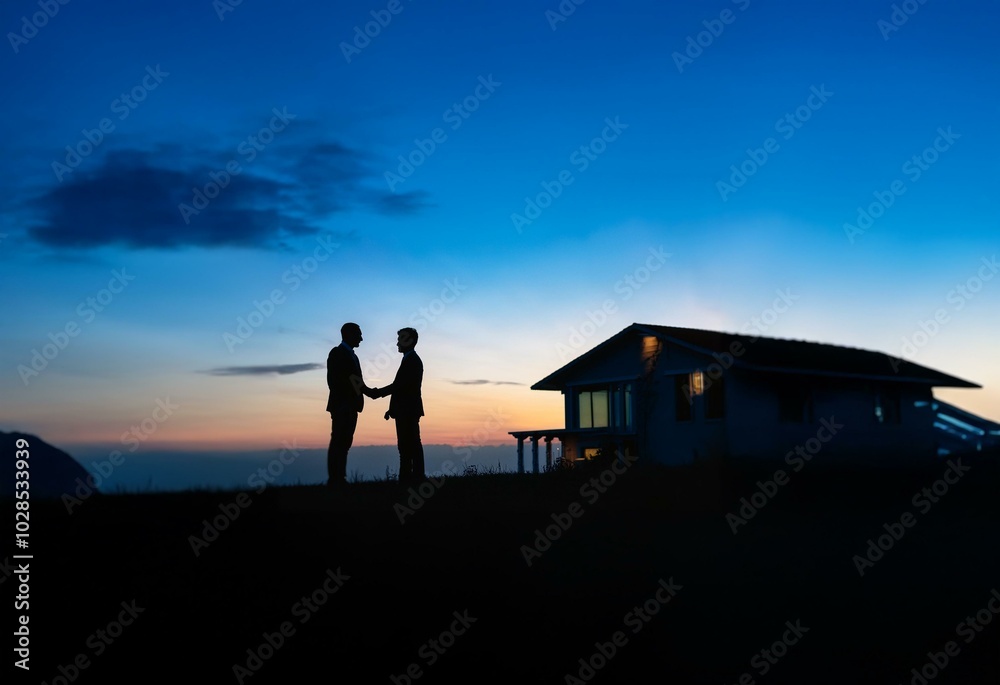 Poster two men in suits shake hands in front of a house at dusk.