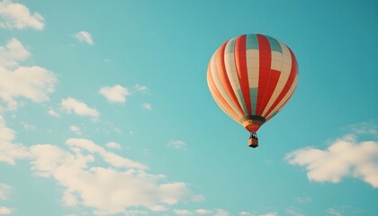 Naklejka premium A vibrant hot air balloon floating gracefully against a clear blue sky, evoking feelings of adventure and freedom.