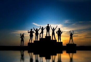 Fototapeta premium Silhouettes of people stand on a platform against a colorful sunset sky.
