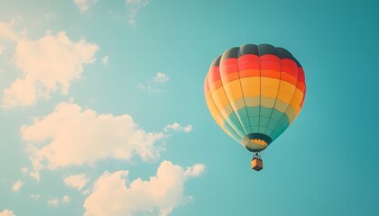 Fototapeta premium A vibrant hot air balloon floats gracefully in a clear blue sky, surrounded by fluffy white clouds, capturing the essence of freedom.
