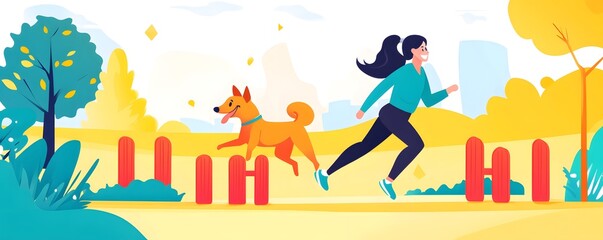 A woman joyfully runs with her dog in a vibrant park, surrounded by trees and colorful scenery, showcasing an active lifestyle.