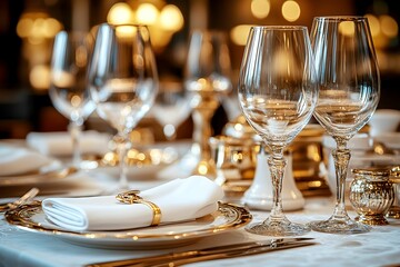 Fototapeta premium Elegant Table Setting with Crystal Glasses and White Napkin. An elegant table setting for fine dining with white linen, crystal glasses, emphasizing a romantic atmosphere.