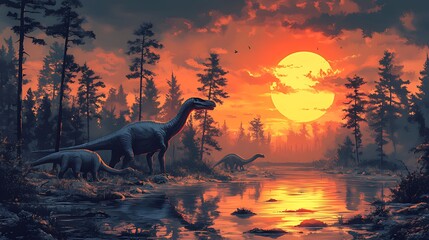 A family of dinosaurs walks through a forest at sunset, with a large, yellow sun shining above them.