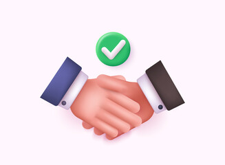 Gesture business man handshake with green check  in blue sleeve on white color background. 3D Web Vector Illustrations.