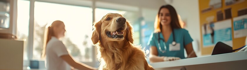 Happy golden retriever at a veterinary clinic, showcasing a joyful pet visit with caring staff and...