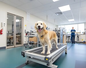 A cheerful golden retriever stands on a treadmill in a modern veterinary clinic, showcasing pet wellness and rehabilitation.