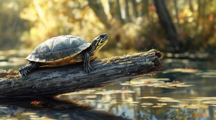Fototapeta premium A Painted Turtle Perched on a Log Over a Pond