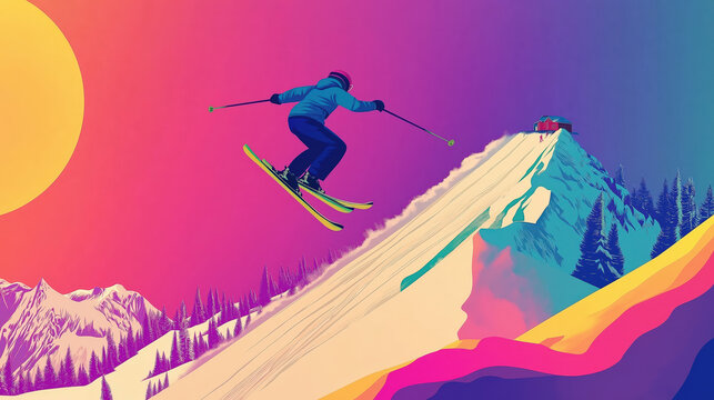 Skier jumping on ski resort, minimalist flat illustration, vector art poster, ski poster, winter sports poster, Ultra-high resolution	