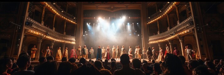 Theatrical performance captivates the audience with actors in vibrant costumes showcasing their talents on a grand stage. Generative AI