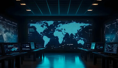 Futuristic Digital War Room with Maps and Screens
