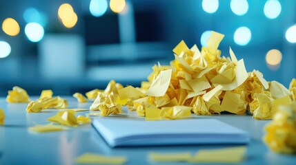 Creative chaos with crumpled yellow notes on a desk
