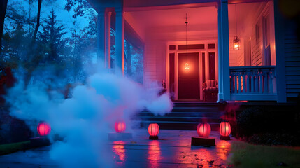 Obraz premium Spooky Halloween Decorations on Front Porch at Night