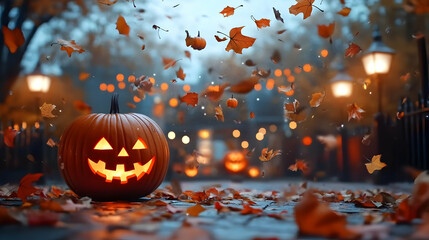 Autumn Scene with Pumpkins and Flying Leaves