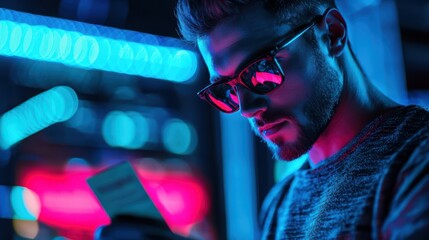 Stylish man using smartphone in vibrant neon lights