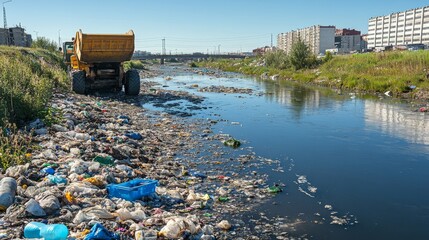 A Dump Truck Parked Near a River Overflowing with Trash