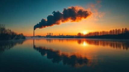 Obraz premium Industrial Sunset with Smoke Plume Reflecting in Calm Water
