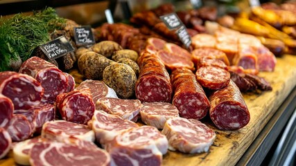 A variety of cured meats are displayed for sale at a local butcher shop