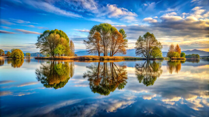 Symmetrical landscape reflected in still water, evoking balance, serenity, and natural beauty