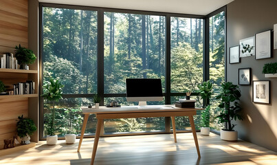 Fototapeta premium Modern Minimalist Home Office with Large Windows