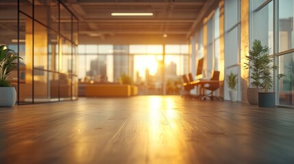 Fototapeta premium Blurred large modern office workspace in the morning 