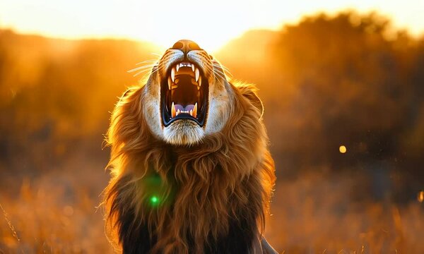 A majestic lion roaring in a golden sunset glow.