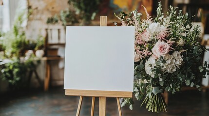 blank white welcome sign on an easel for a modern boho wedding 